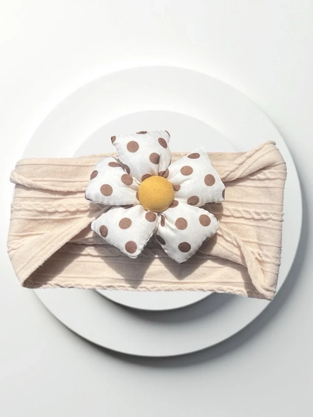 Neutral Polka Dot Flower Headband for Kids - Cream with Brown and Yellow Accent